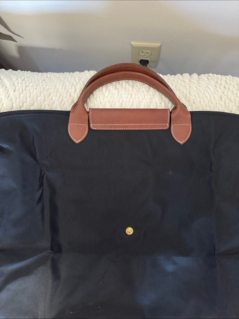 Longchamp Navy Nylon Tote with Brown Leather Trim and Handles - Picture 4 of 6